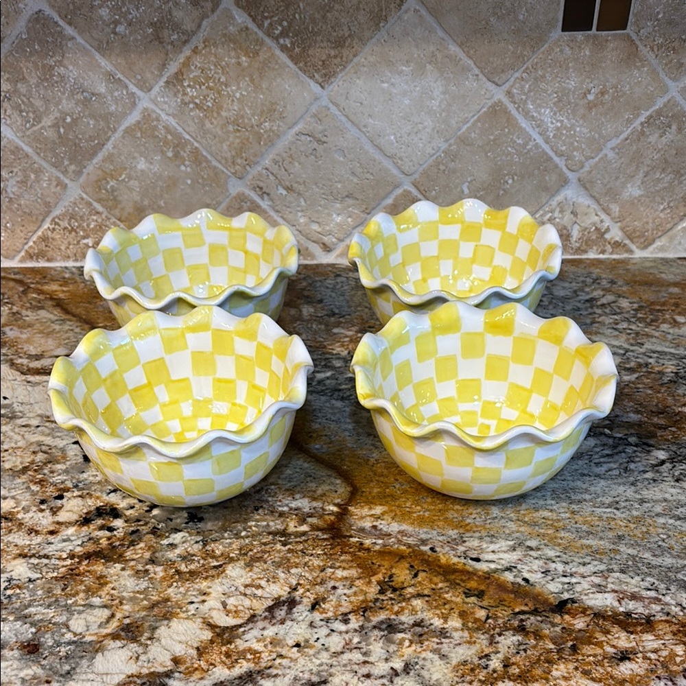 Hand Painted Yellow Checkered Bowls-Patti Cappell Design for Two’s Company